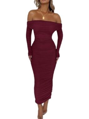 Women’s Wine Red Off Shoulder Bodycon Long Sleeve Ruched Maxi Dress Size XL